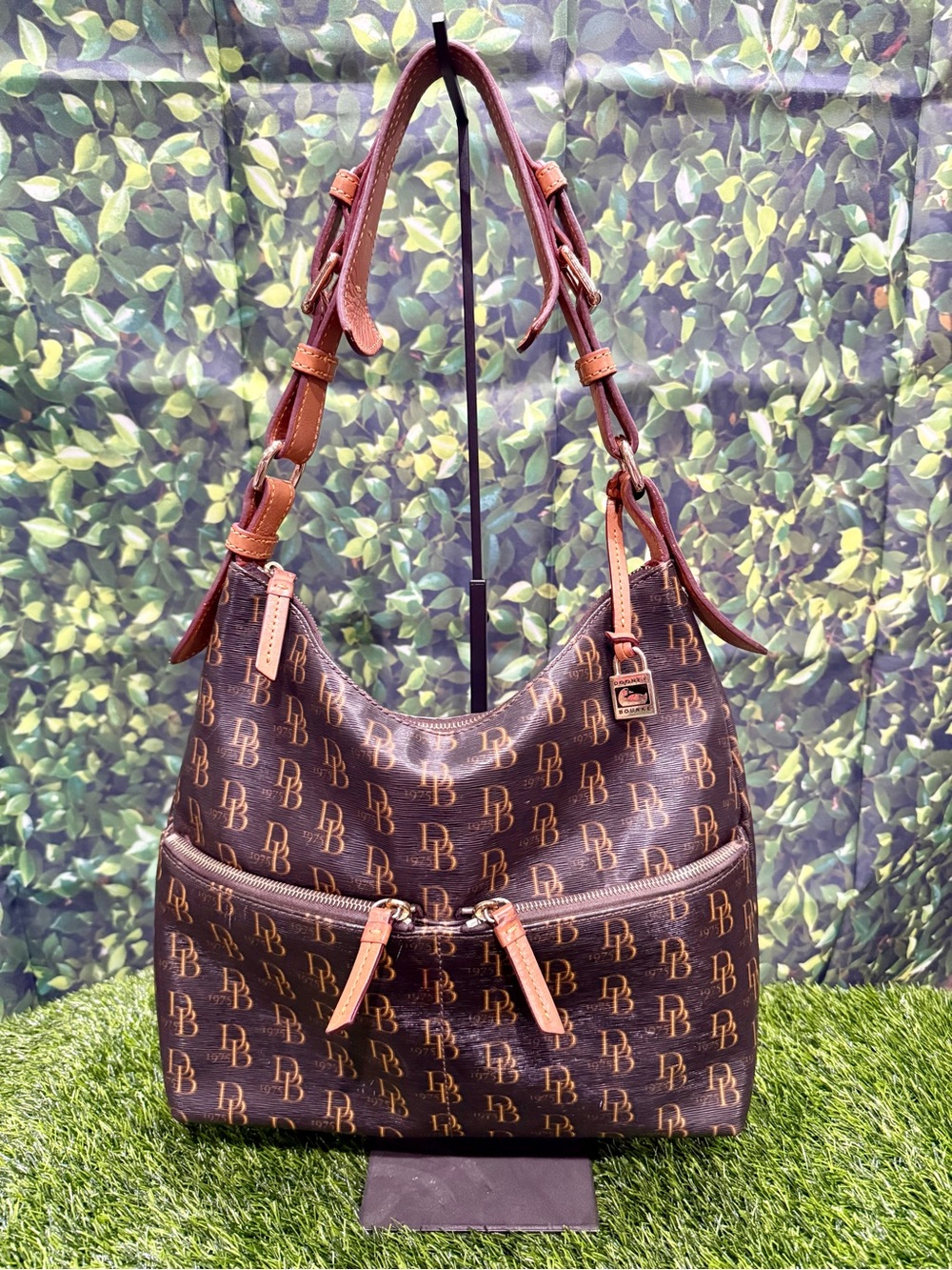 Dooney & Bourke 1975 Collins Monogram Hobo Brown Coated Canvas Leather Trim